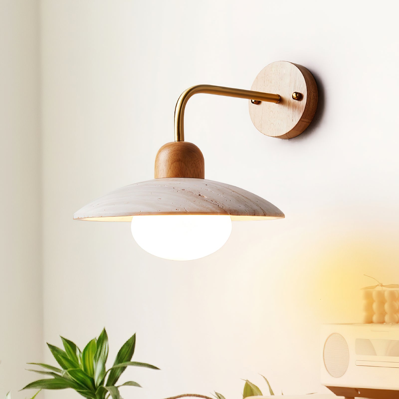 TravertineGlow | Stylish Damp Rated Wall Sconce with Brass Accent 2
